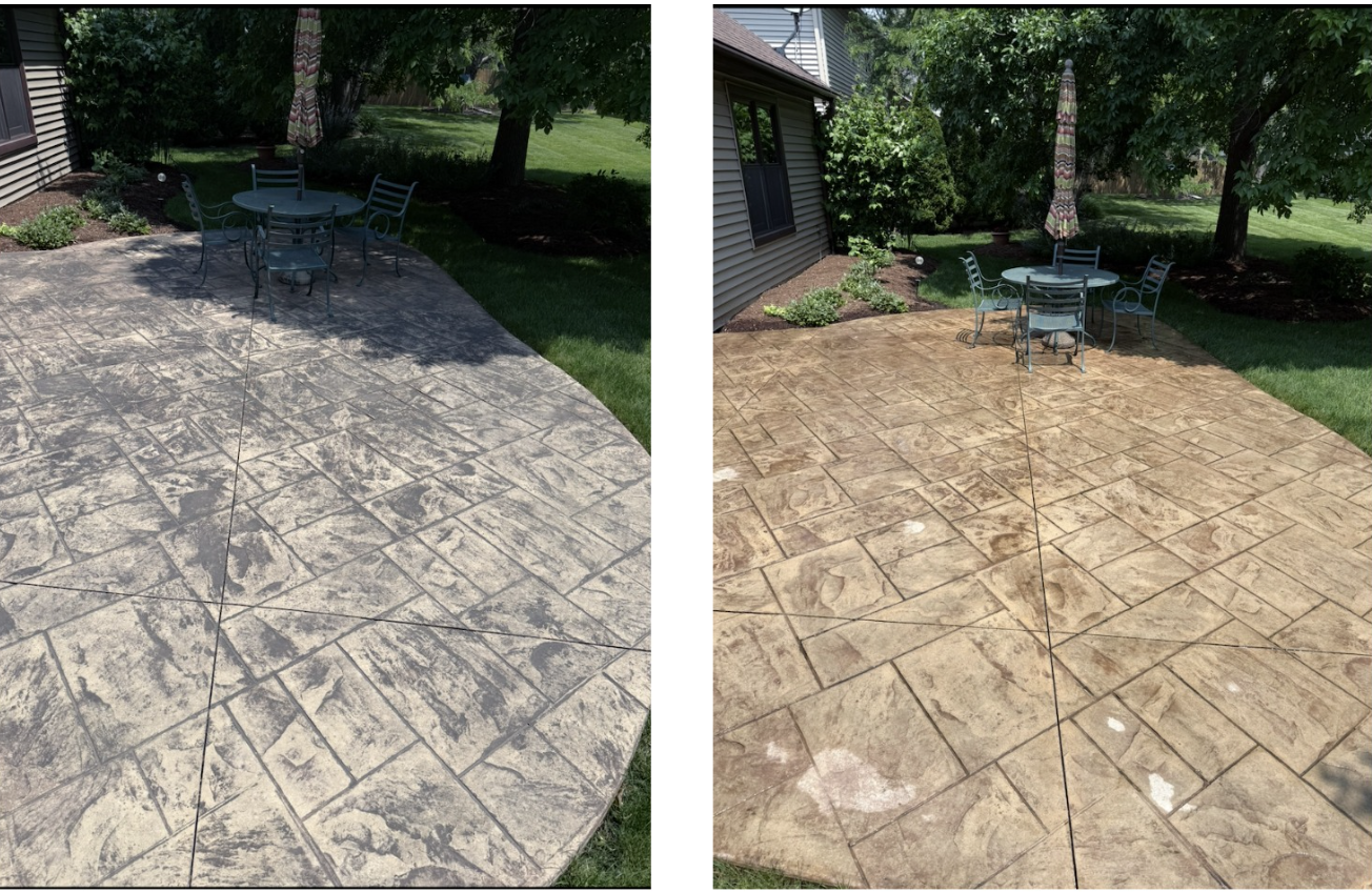 Stamped concrete patio before and after pressure washing